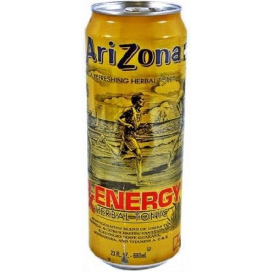 Front of AriZona Energy Herbal Tonic can featuring the logo, herbal tonic label, and energising drink design (680ml pack)