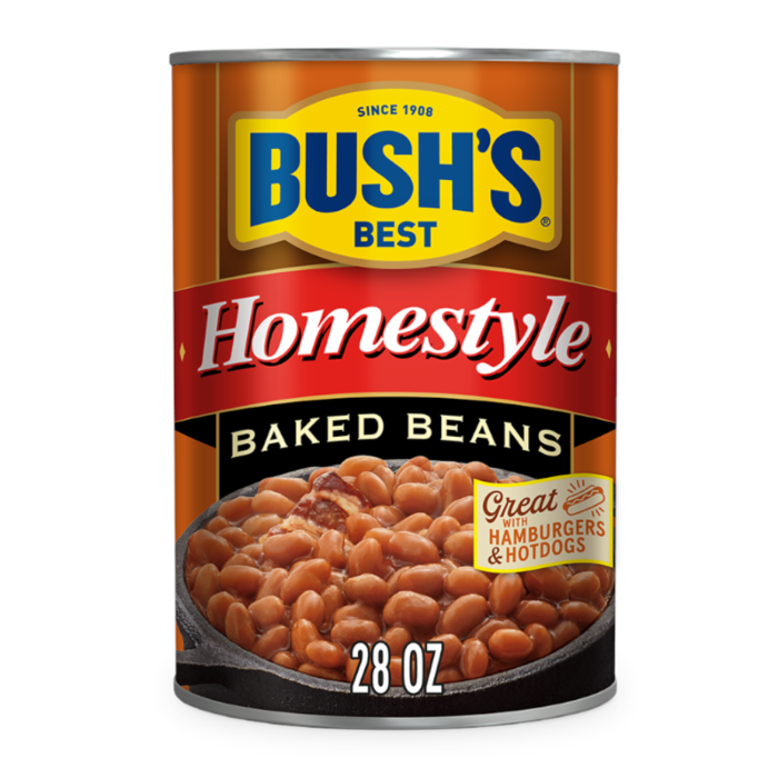 Front of Bush's Best Homestyle Baked Beans can with logo, rich baked beans image, and serving suggestion label (794g)