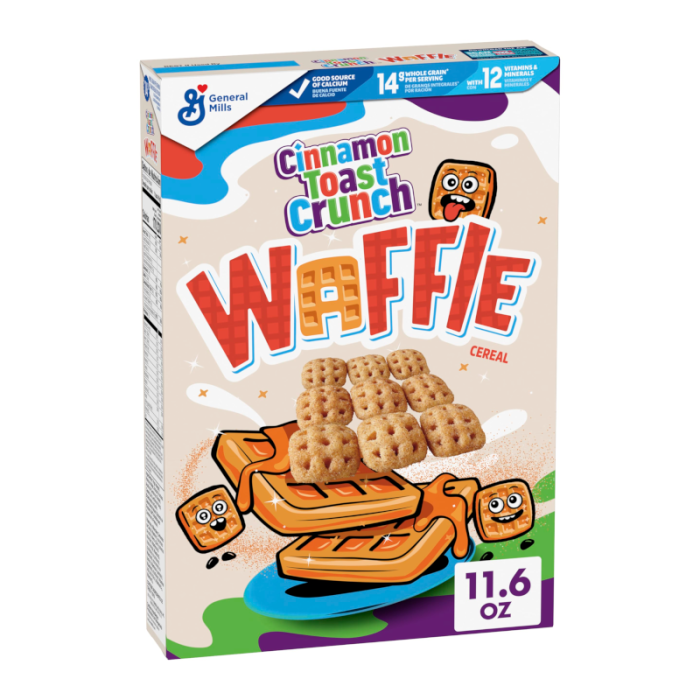 Front of Cinnamon Toast Crunch Waffle Cereal box showing bold logo with waffle-shaped cereal, vibrant colours, and pack size of 328g.