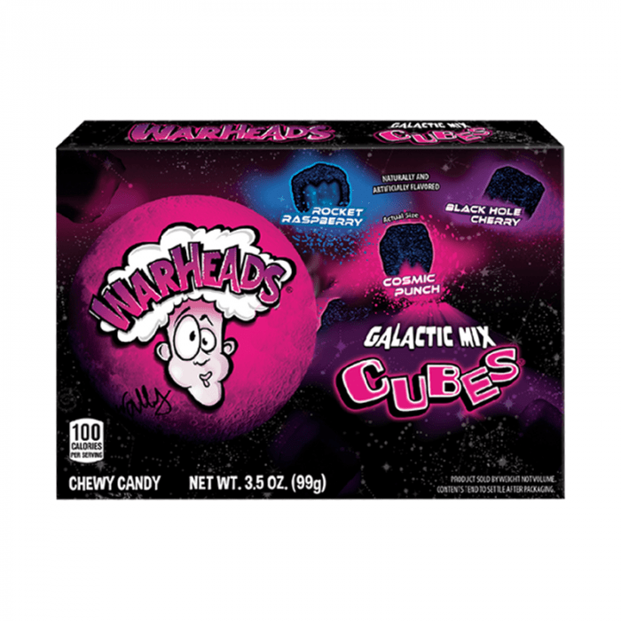Front of Warheads Galactic Cubes packaging featuring logo and flavours Rocket Raspberry, Cosmic Punch, and Black Hole Cherry (85g pack)