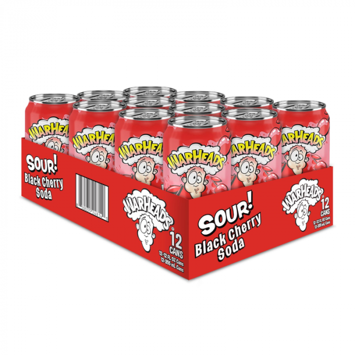 Front of Warheads SOUR! Black Cherry Soda case showing vibrant red cans with the logo and flavour label, packed in a box of 12 (355ml each)