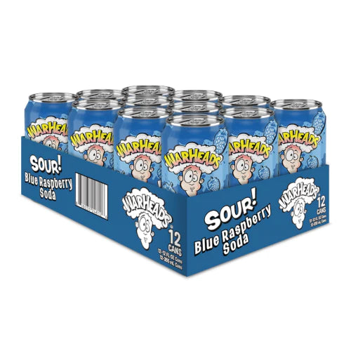 Front of Warheads SOUR! Blue Raspberry Soda case showing logo, blue raspberry flavour label, and 12 cans of soda (355ml x 12)