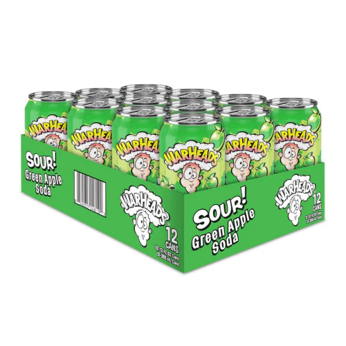 Front of Warheads SOUR! Green Apple Soda case showing vibrant green packaging with logo and 12 cans of sour green apple soda (355ml x 12)