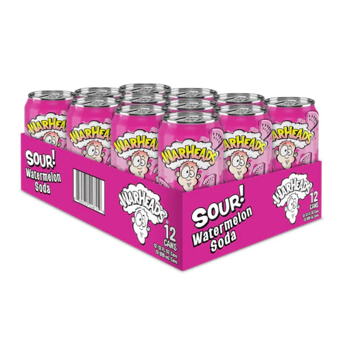 Front of Warheads SOUR! Watermelon Soda case showing vivid pink packaging, logo, watermelon soda cans, and 12-pack size.