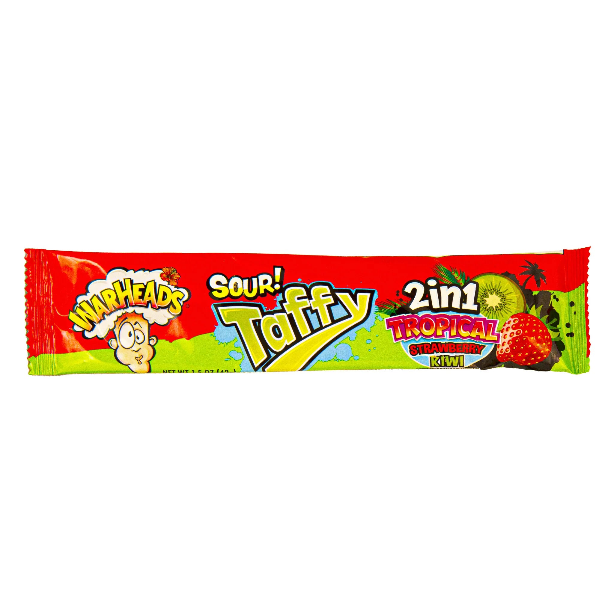 Front of Warheads Sour Tropical Taffy pack showing vibrant design, logo, and flavours of strawberry and kiwi (42g)