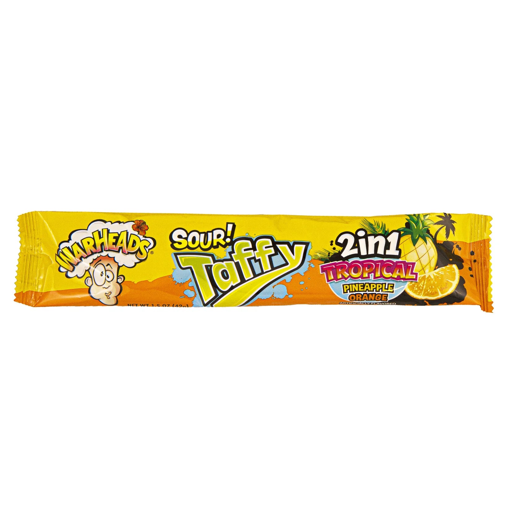 Front of Warheads Sour Tropical Taffy 2-in-1 Pineapple & Orange packaging showing bright colours and tropical imagery (42g pack)