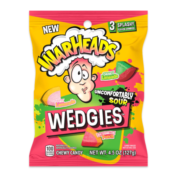 Front of Warheads Wedgies bag showing colourful logo, sour candy pieces, and flavours: pink lemonade, cherry limeade, and watermelon punch (127g pack)