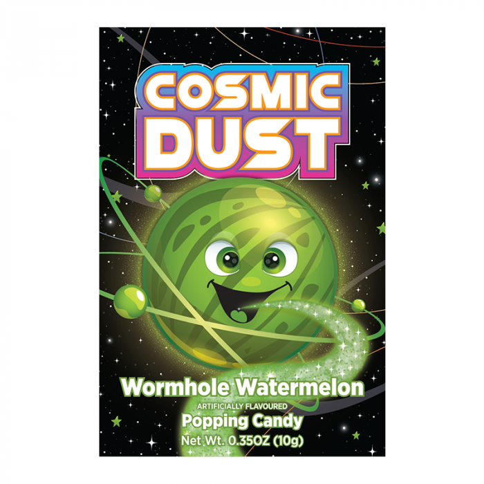 Front of Cosmic Dust Wormhole Watermelon Popping Candy pack showing colourful watermelon design and space theme with 10g label.