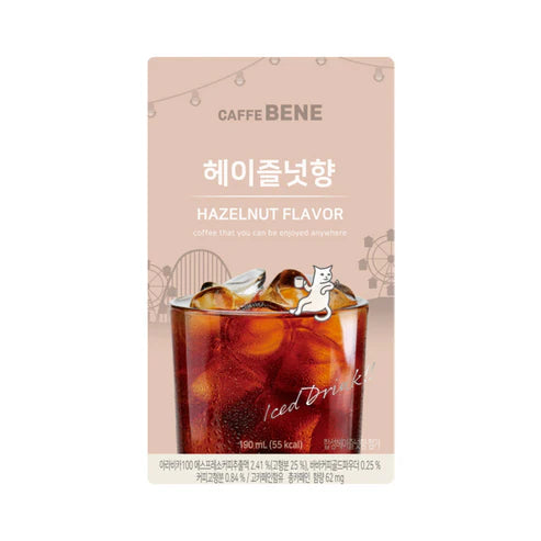 Front of Caffe Bene Hazelnut Coffee Pouch Drink showing a cup of iced coffee with ice cubes and the hazelnut flavour label (190ml pack)