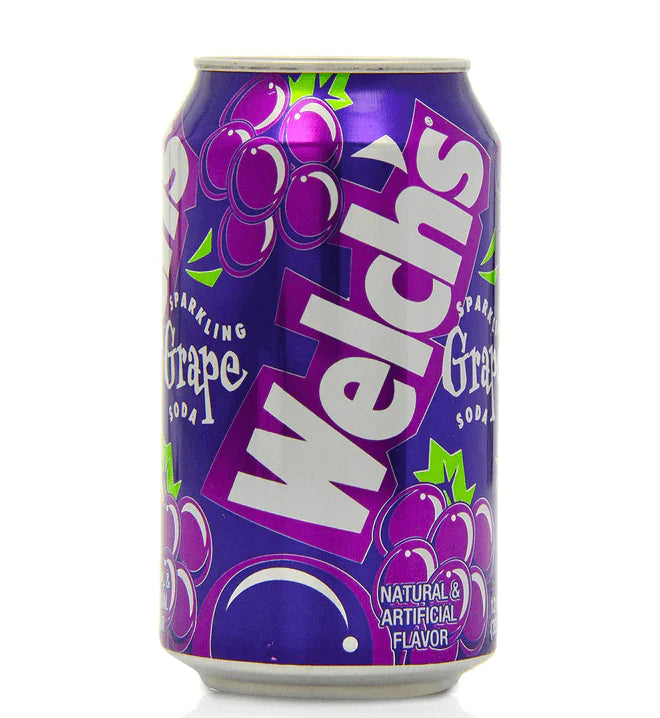 Front of Welch's Grape can showing vibrant purple design, grape theme, and sparkling soda label (355ml)