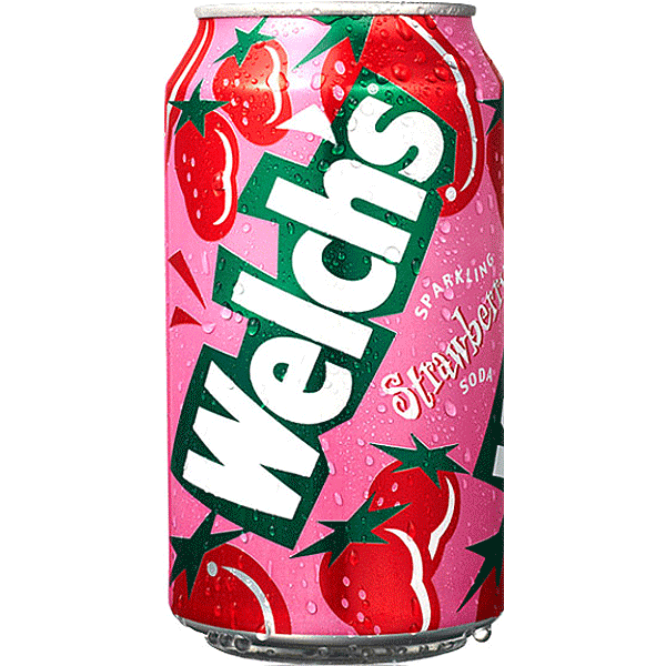 Front of Welch's Strawberry sparkling soda can featuring a bold pink design, vibrant strawberry graphics, and 355ml size.