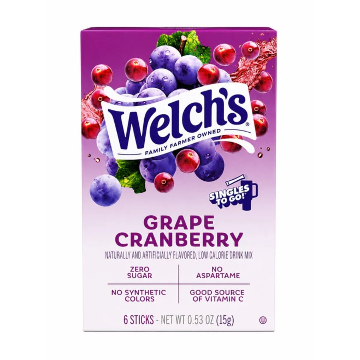 Front of Welch's Grape Cranberry Singles to Go packaging showing brand logo, grape and cranberry imagery, and details for 15g stick pack