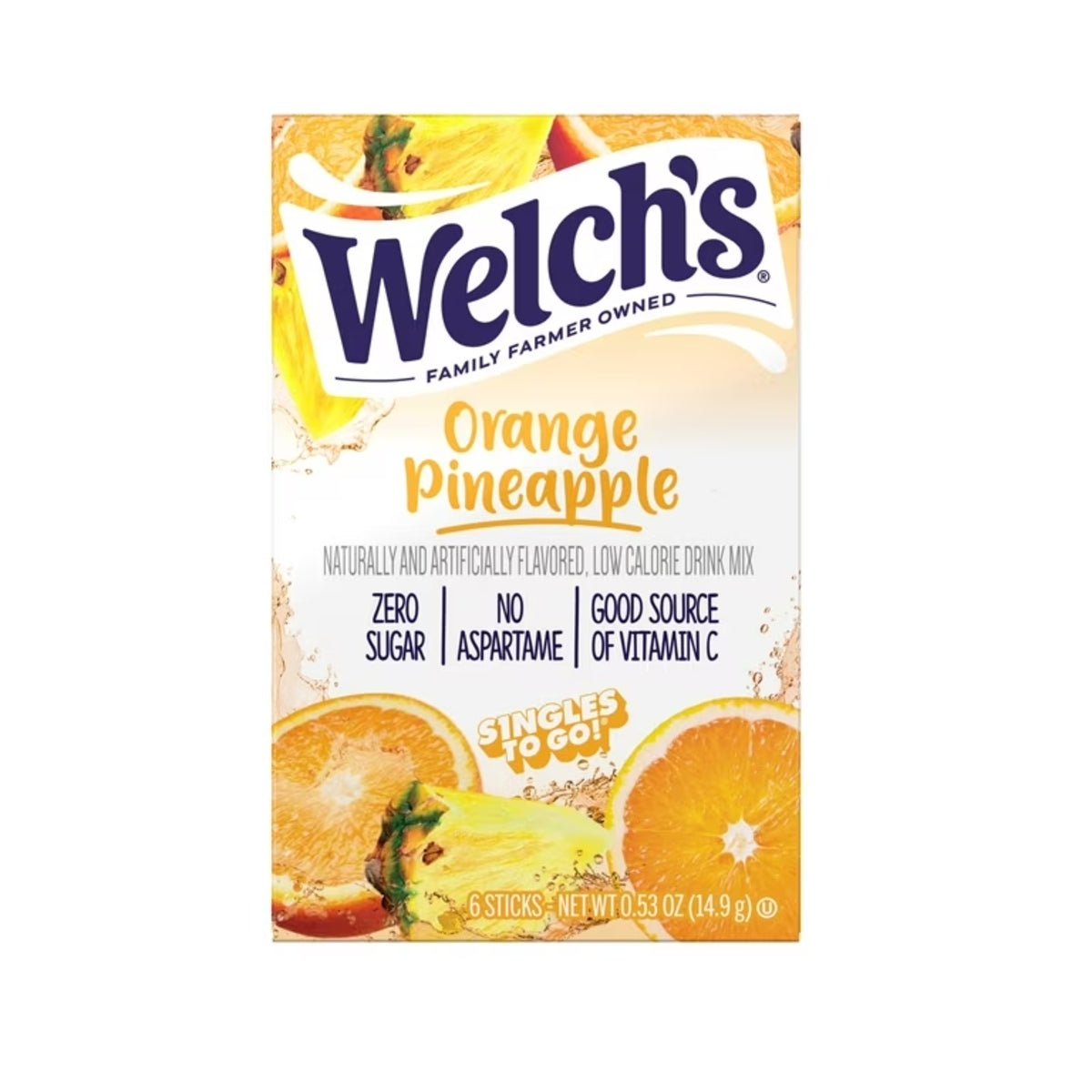 Front of Welch's Orange Pineapple Singles to Go pack displaying logo, orange pineapple flavour, and details on the 14.9g (6 sticks) quantity.