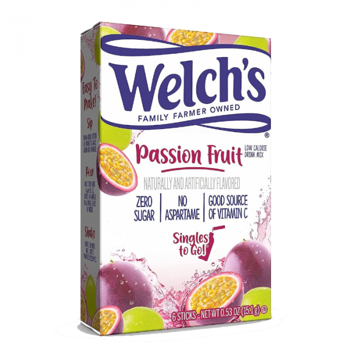 Front of Welch's Passionfruit Singles To Go box showing the logo, passion fruit flavour label, and six sticks pack (28g)