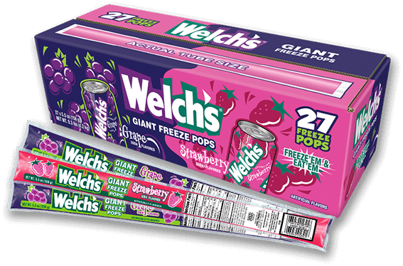 Front of Welch's Soda Giant Freeze Pops box showing logo, grape and strawberry flavours, and details of the 27 pack size.
