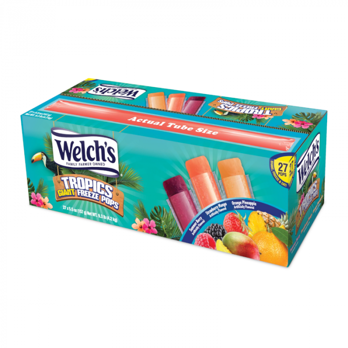 Front of Welch’s Tropics Giant Freeze Pops box showing tropical-themed design, fruity pops, and 27 pack label (4.2kg).