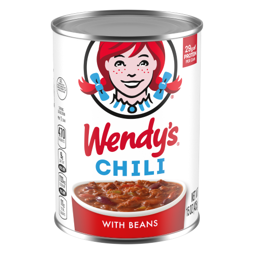 Front of Wendy's Canned Chilli showing the logo, chilli with beans image, and product size (425g)