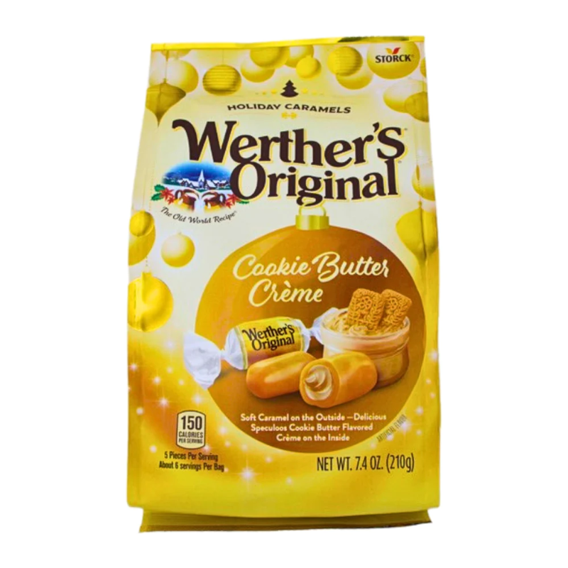 Front of Werther's Original Cookie Butter Creme Soft Caramels bag showing logo, cookie butter flavour label, and caramel pieces (210g pack)
