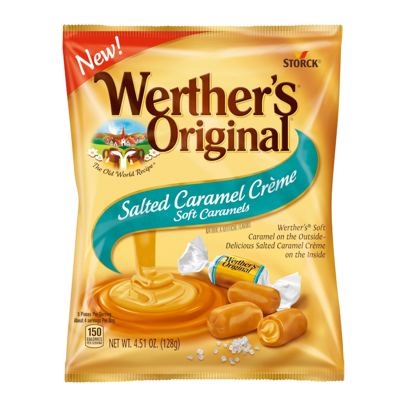 Front of Werther's Original Salted Caramel Creme Soft Caramels bag featuring the logo, soft caramels, and light caramel colour (128g pack)
