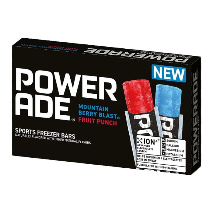 Front of Powerade Sports Freezer Bars box showcasing bold logo, Mountain Berry Blast and Fruit Punch flavours, and 10 pack size.