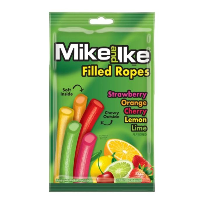 Front of Mike & Ike Filled Ropes bag showcasing a green background, colourful candy ropes in strawberry, orange, cherry, lemon, and lime flavours (85g pack)