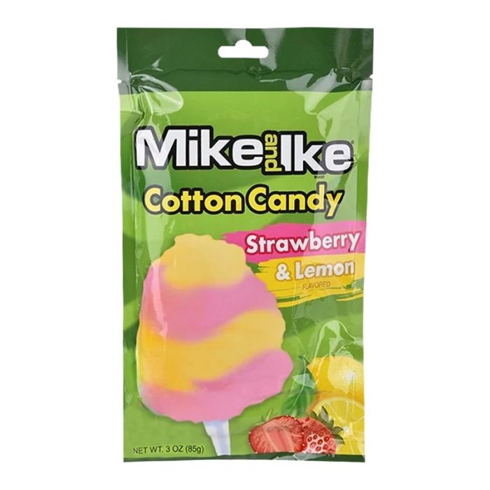 Front of Mike & Ike Strawberry & Lemon Cotton Candy bag showing logo, flavour details, and vibrant cotton candy image (85g pack)