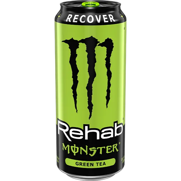 Front of Monster Rehab Green Tea can showing logo, green tea flavour label, and 458ml volume.