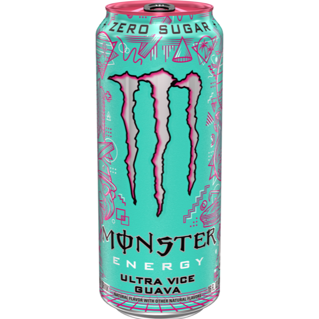 Front of Monster Ultra Vice Guava energy drink can showing vibrant teal colour, logo, and tropical guava flavour details (473ml)