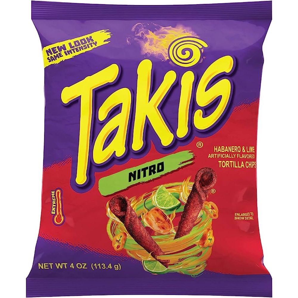 Front of Takis Nitro Rolled Tortilla Corn Chips bag showing purple and yellow logo, habanero and lime flavour description, and rolled tortilla chips (92.3g pack)
