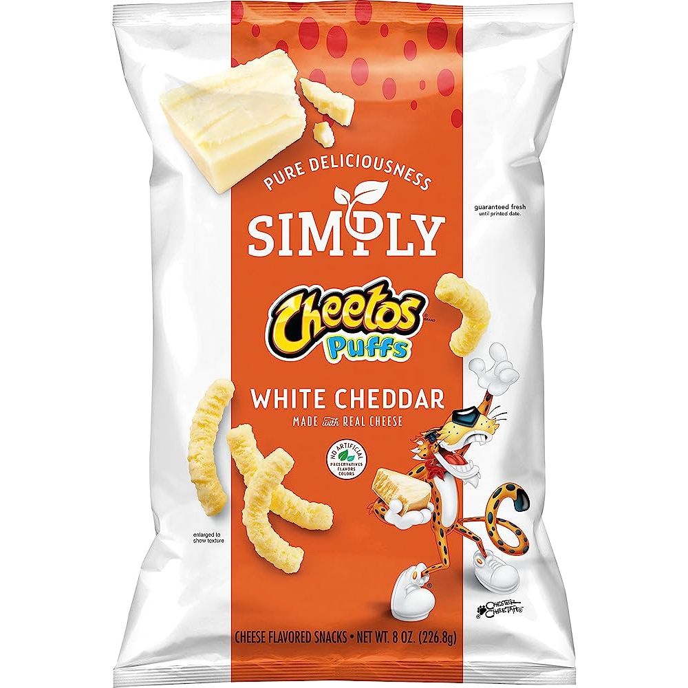 Front of a bag of Cheetos White Cheddar Cheese Puffs showing the logo, white cheddar flavour label, and crunchy cheese puffs (35g pack)