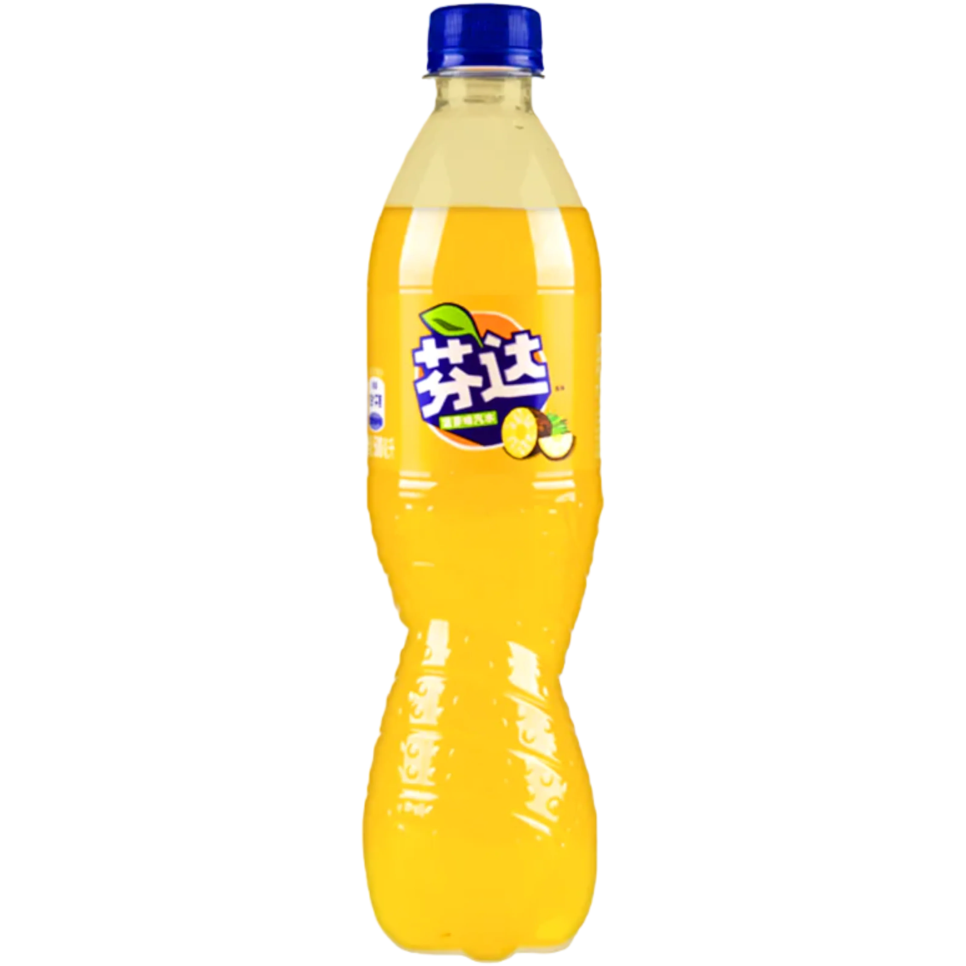 Front of Fanta Pineapple (China) 500ml bottle featuring a bright label with logo and pineapple graphics.