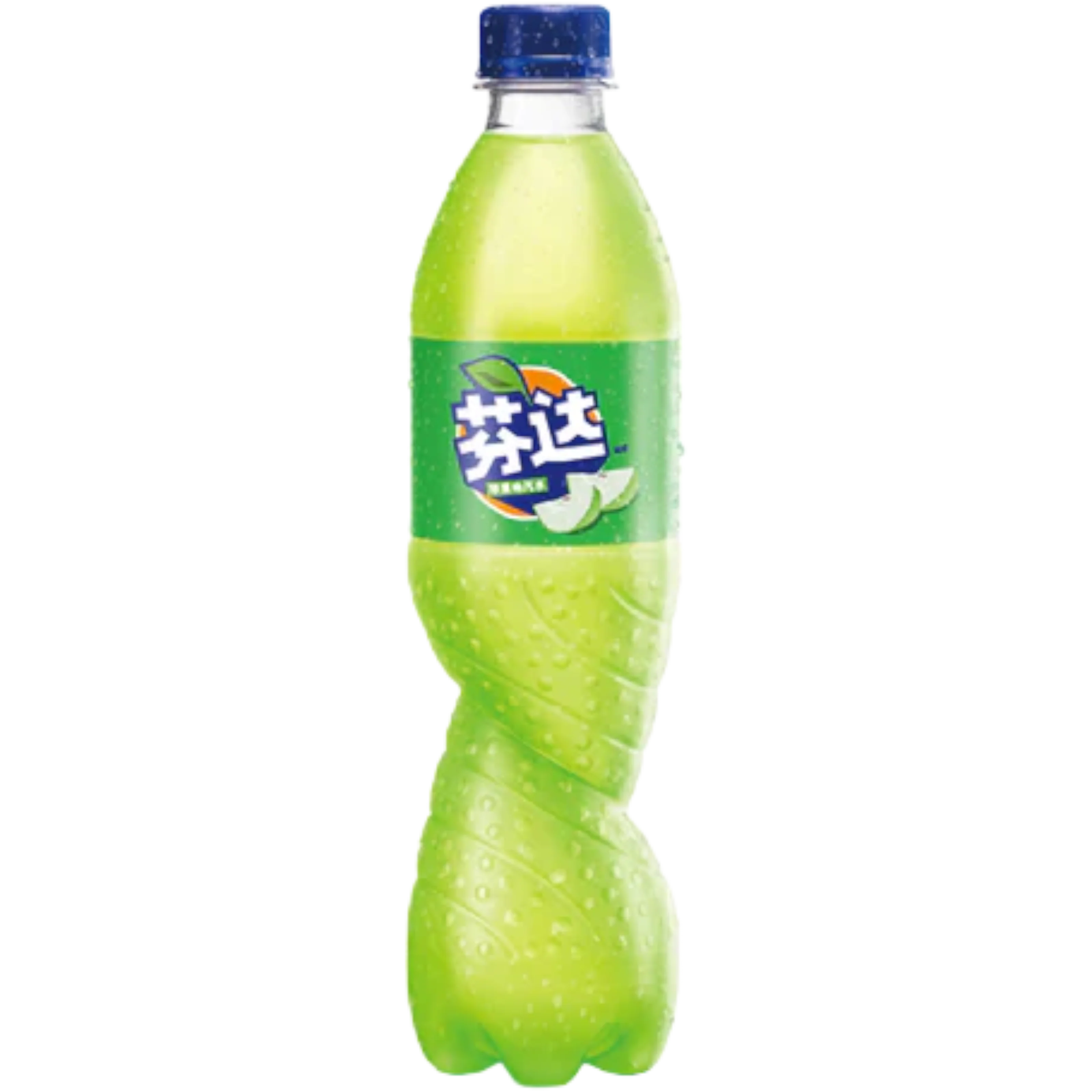 Front of Fanta Green Apple bottle showing bright green label with logo, featuring green apple imagery and 500ml size.