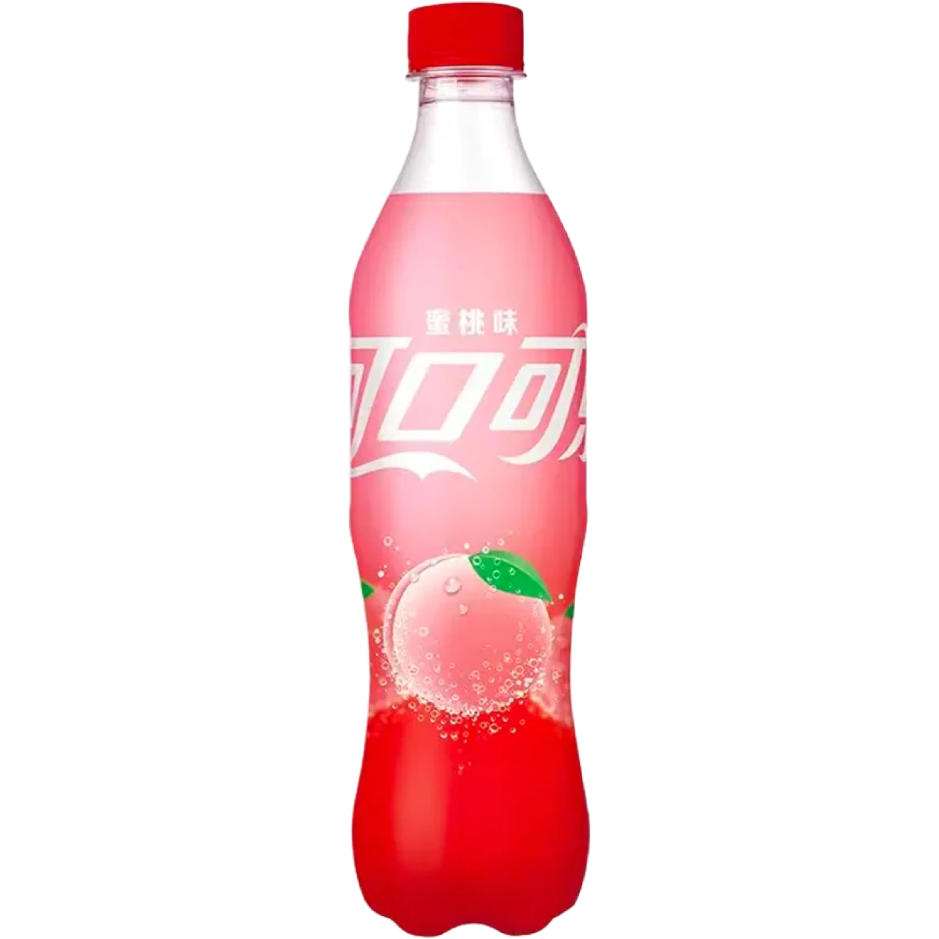 Front of Coca Cola Peach (China) bottle displaying logo, peach flavour label, and distinct pink beverage (500ml)