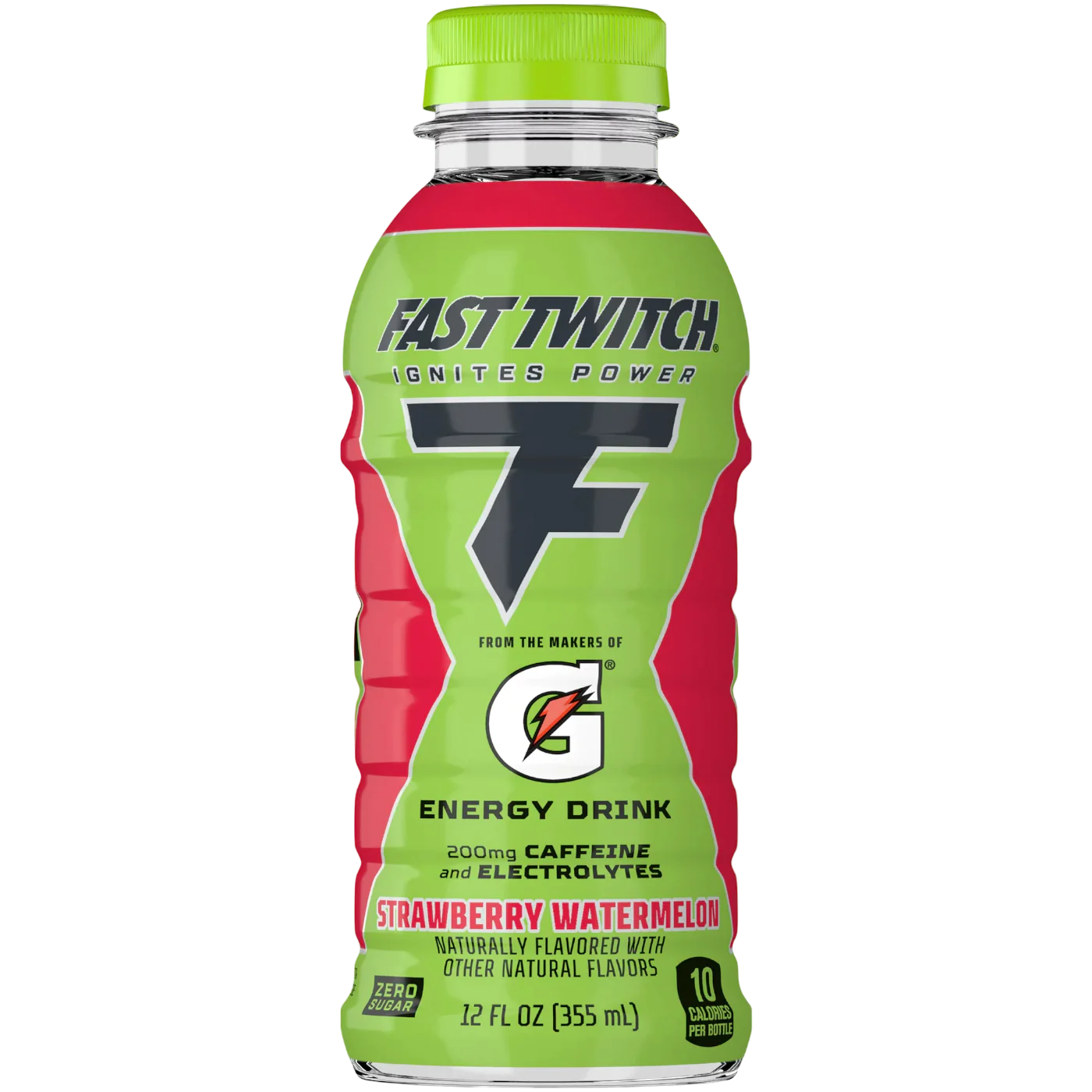 Front of Gatorade Fast Twitch Strawberry Watermelon Energy Drink bottle showing brand logo, strawberry watermelon flavour, and 355ml size.
