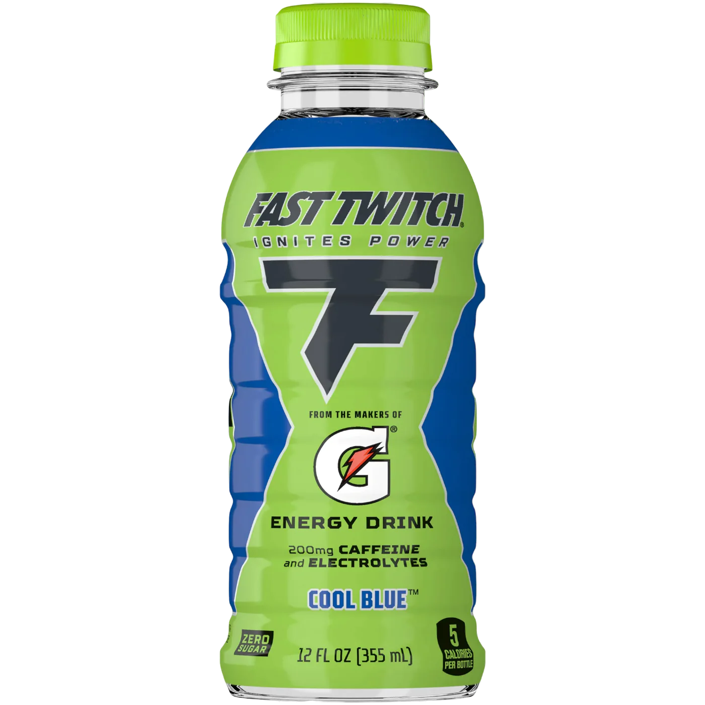 Front of Gatorade Fast Twitch Cool Blue Energy Drink bottle with visible logo, flavour name, and 355ml size indicated.