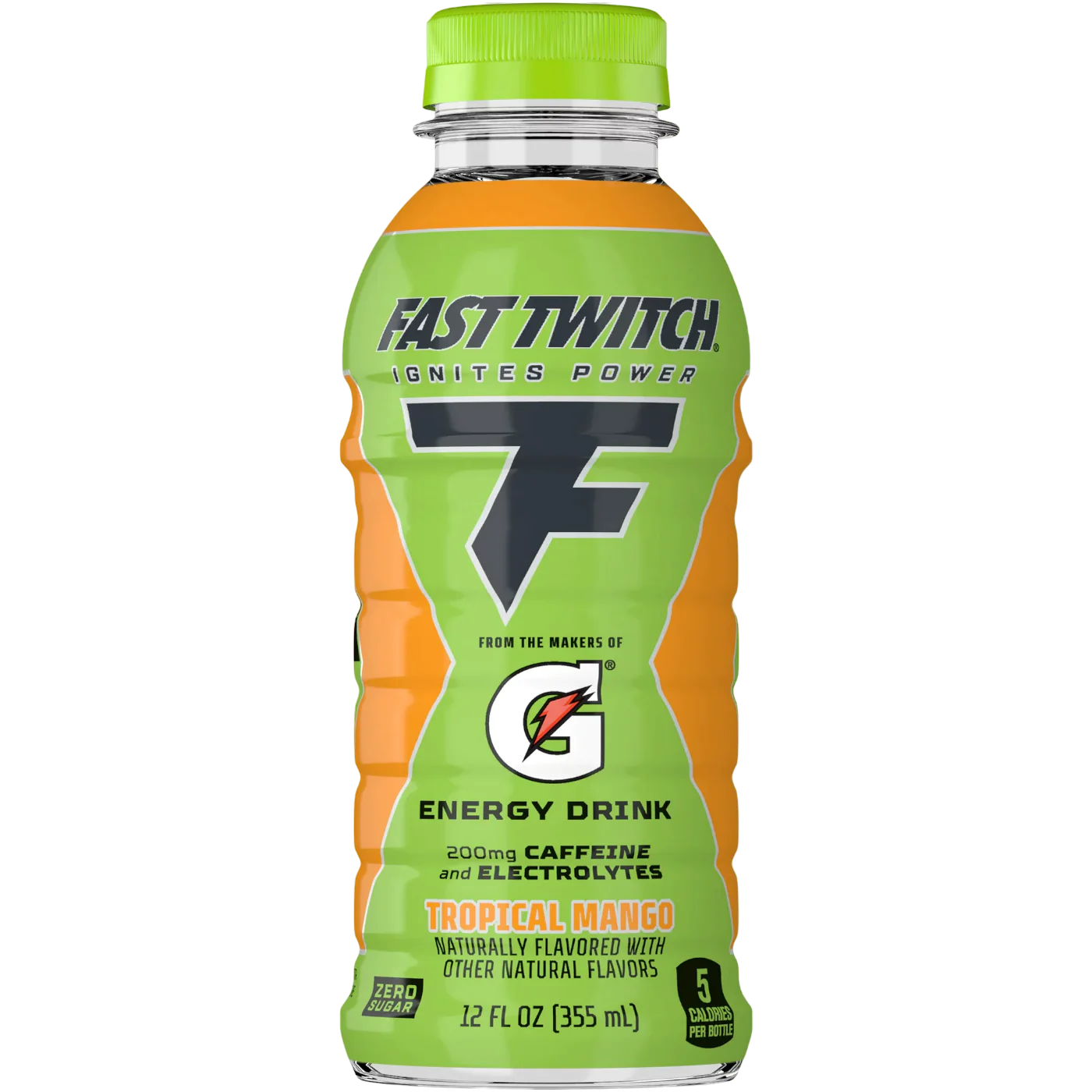 Front of Gatorade Fast Twitch Tropical Mango Energy Drink bottle showing logo, tropical mango flavour label, and 355ml volume