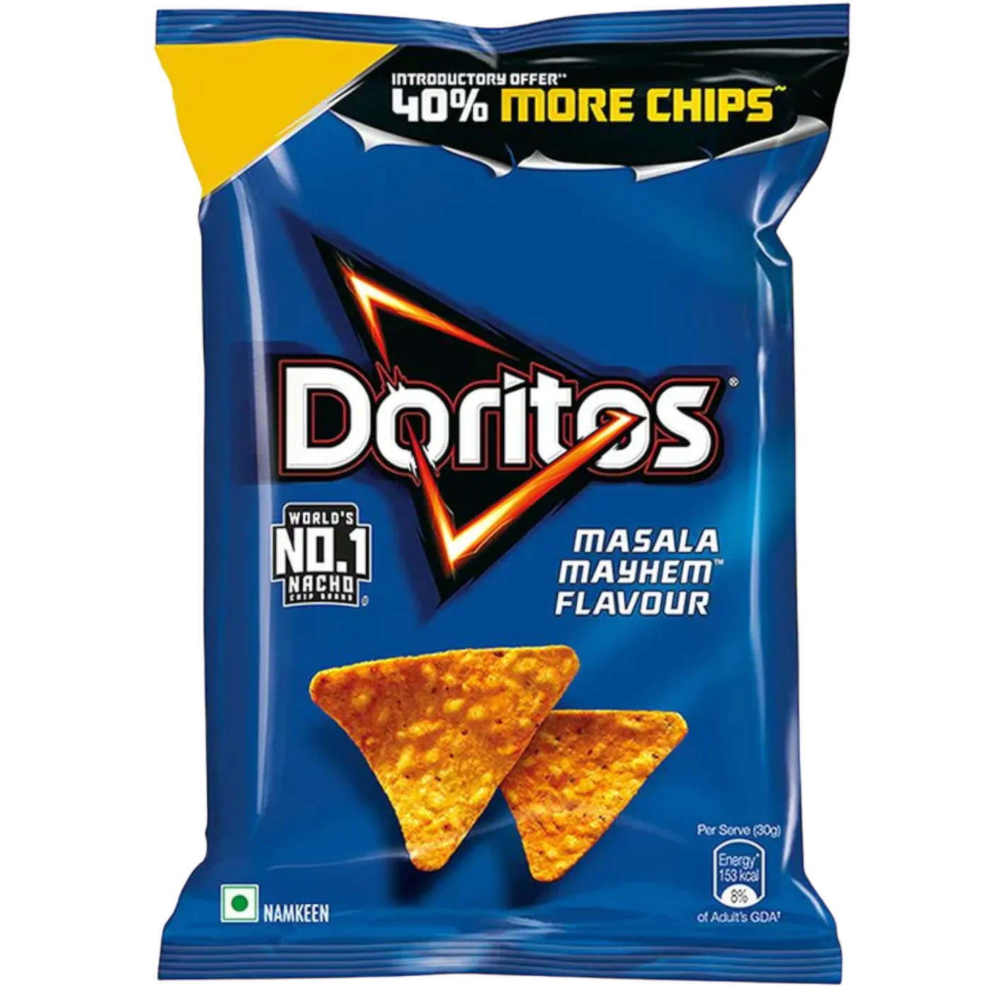 Front of Doritos Masala Mayhem bag showcasing bold logo, masala flavour details, and crunchy chips (44g pack)
