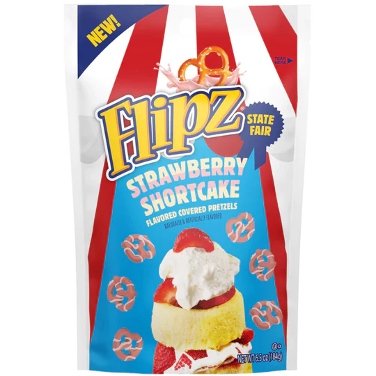 Front of Flipz State Fair Strawberry Shortcake Pretzels bag featuring logo, strawberry shortcake flavour, and pretzel imagery (184g pack)