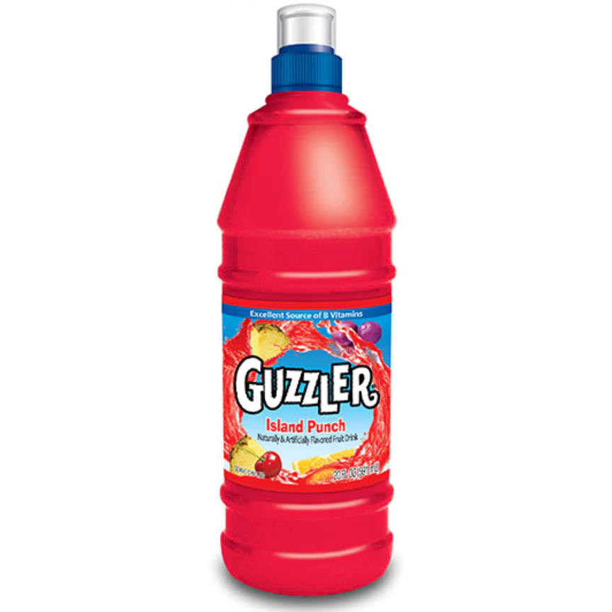 Front of Guzzlers Island Punch bottle showing logo, vibrant tropical fruit design, and 591ml label