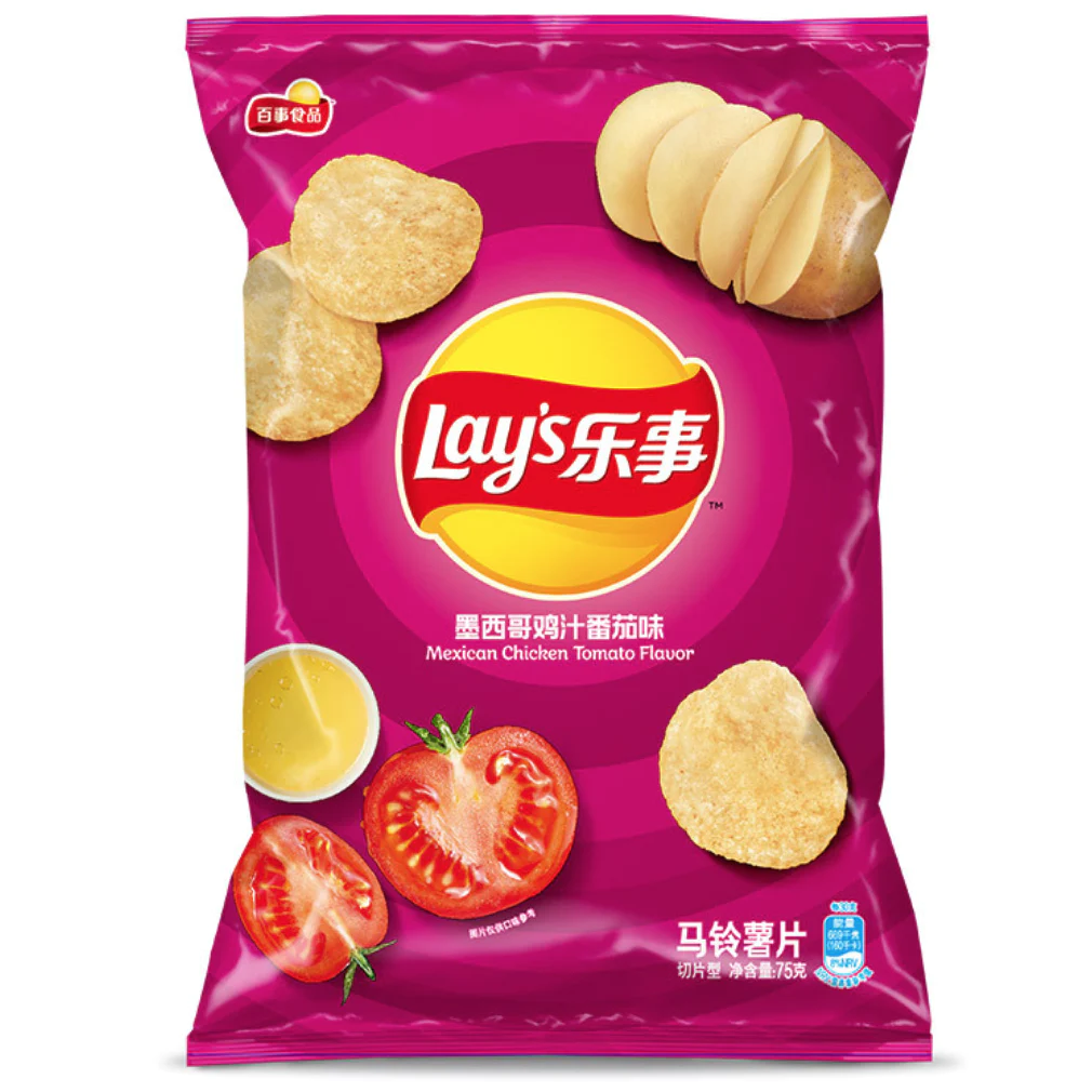 Front of Lay's Mexican Chicken Tomato bag showing bright packaging, logo, and images of chicken, tomato, and crisps (70g pack)