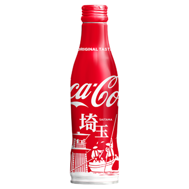 Front of Coca-Cola Saitama Design Limited Edition (Japan) bottle showing red and white design featuring Saitama with 250ml quantity