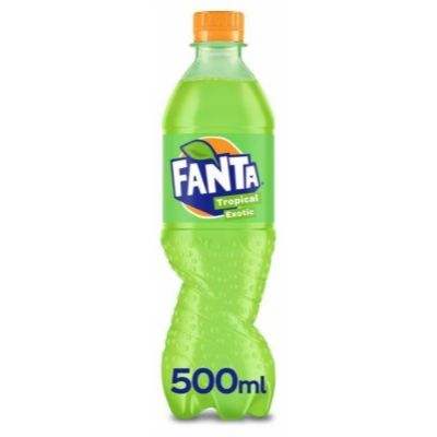 Front of Fanta Tropical Exotic 500ml bottle showing vibrant green label, logo, and tropical theme.