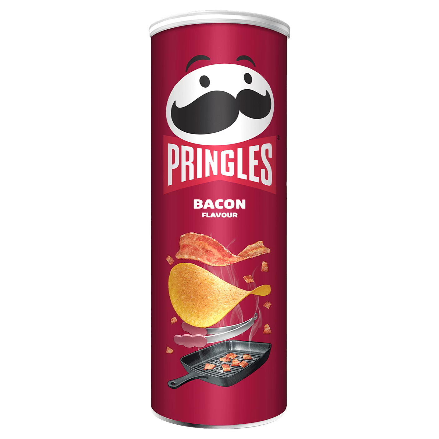 Front of a Pringles Bacon flavour canister showing red label with logo, crispy chips, and bacon imagery (165g pack)