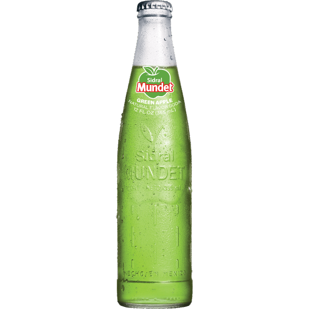 Front of Sidral Mundet Green Apple Soda bottle featuring the logo, green apple flavour label, and 355ml capacity.