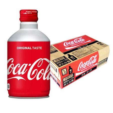 Front of Coca Cola Metal Bottle showing iconic red logo and original taste label, along with a case of 24 (300ml x24).