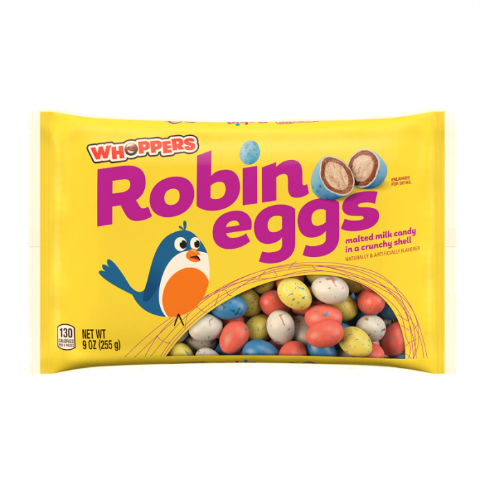 Front of Whoppers Mini Robin Eggs bag showing bright yellow packaging with logo, pastel malted milk candies in a crunchy shell, and 255g pack size.