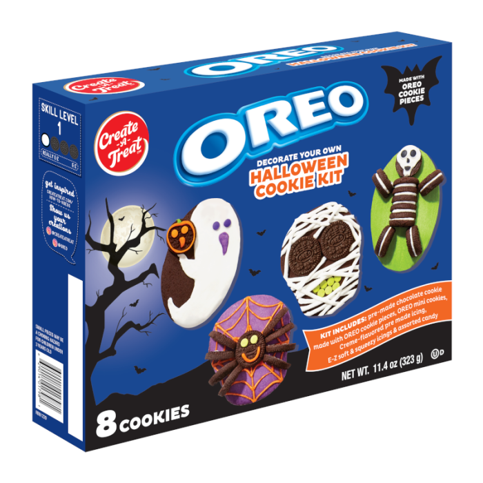 Front of Create-A-Treat Oreo Halloween Cookie Kit box showing decorated cookies, spooky designs, and kit details (323g)