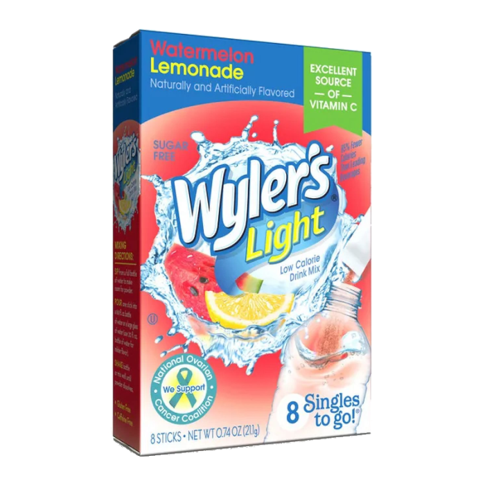Front of Wyler's Watermelon Lemonade Singles To Go pack showing bright label, watermelon and lemon graphics, and indicating 8 sticks in a 27.4g pack