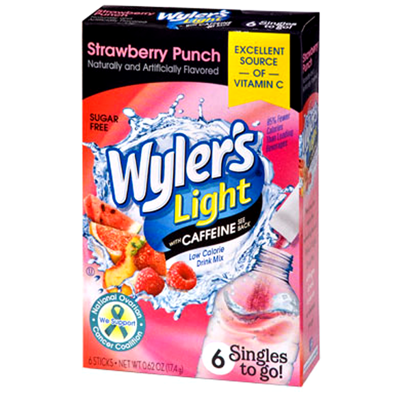 Front of Wyler's Strawberry Punch Energy Singles to Go package showing bold logo, strawberry punch flavour, and 6 sticks for single servings (17.4g total weight)