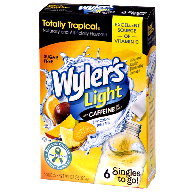 Front of Wyler's Totally Tropical Energy Singles to Go box showing logo, tropical fruit illustrations, and pack size of 6 singles (18g total)